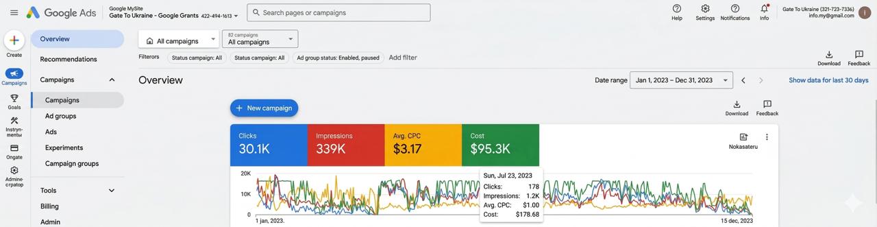 Google Ads — Gate To Ukraine: 30.1K kliknięć, 339K wyświetleń
